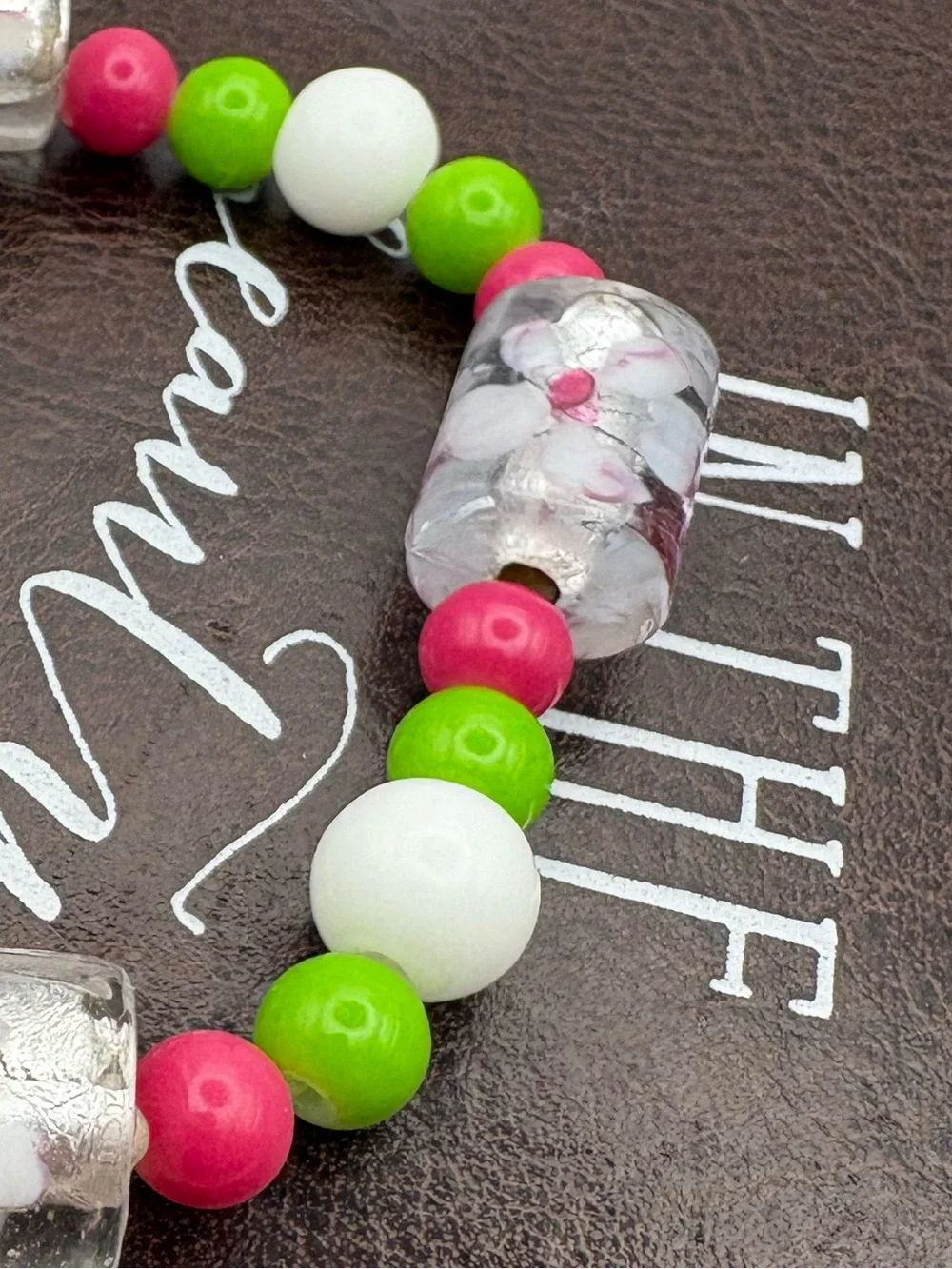 Y2K Handmade Beaded Stretch Bracelet Pink Green White Floral Glass Beads